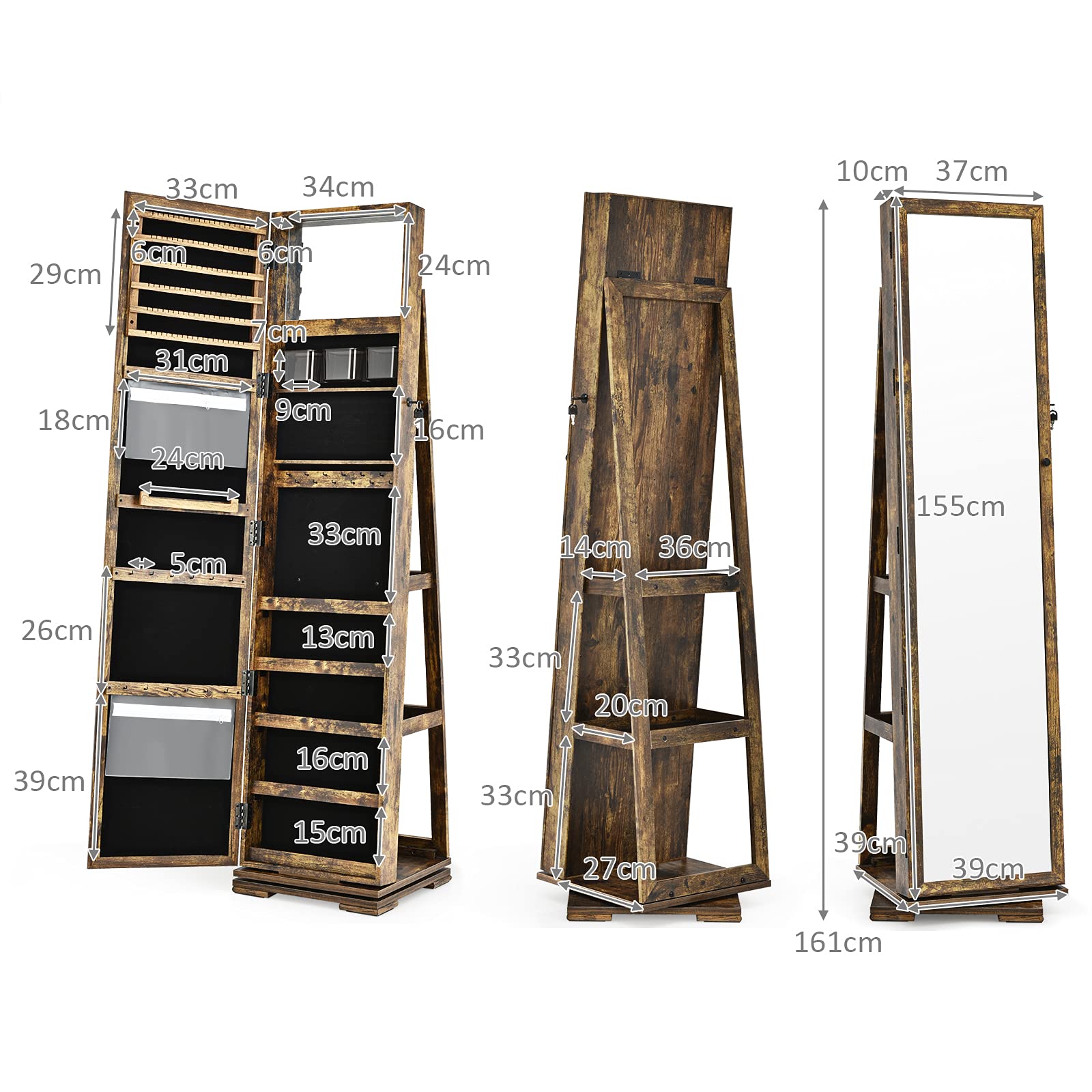 GOPLUS Armoire à Bijoux avec Miroir Plein Longueur, Armoire à Bijoux Pivotante sur Pied avec 3 Étagères de Rangement, Serrure, 3 en 1 Organisateur de Bijoux pour Maquillage, Habillage, Marron
