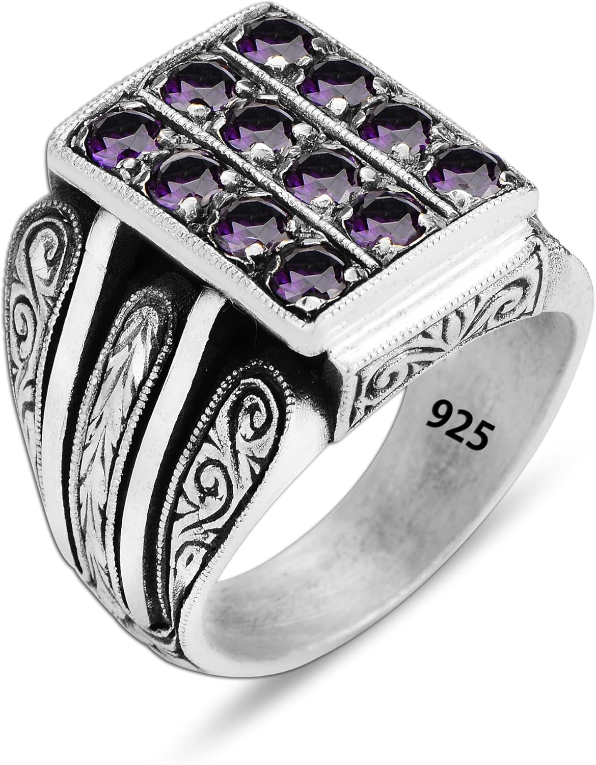 Mens Handmade Amethyst Ring, Engraved Men Ring, Turkish Ottoman Handmade Silver Men Ring, 925k Sterling Silver Ring