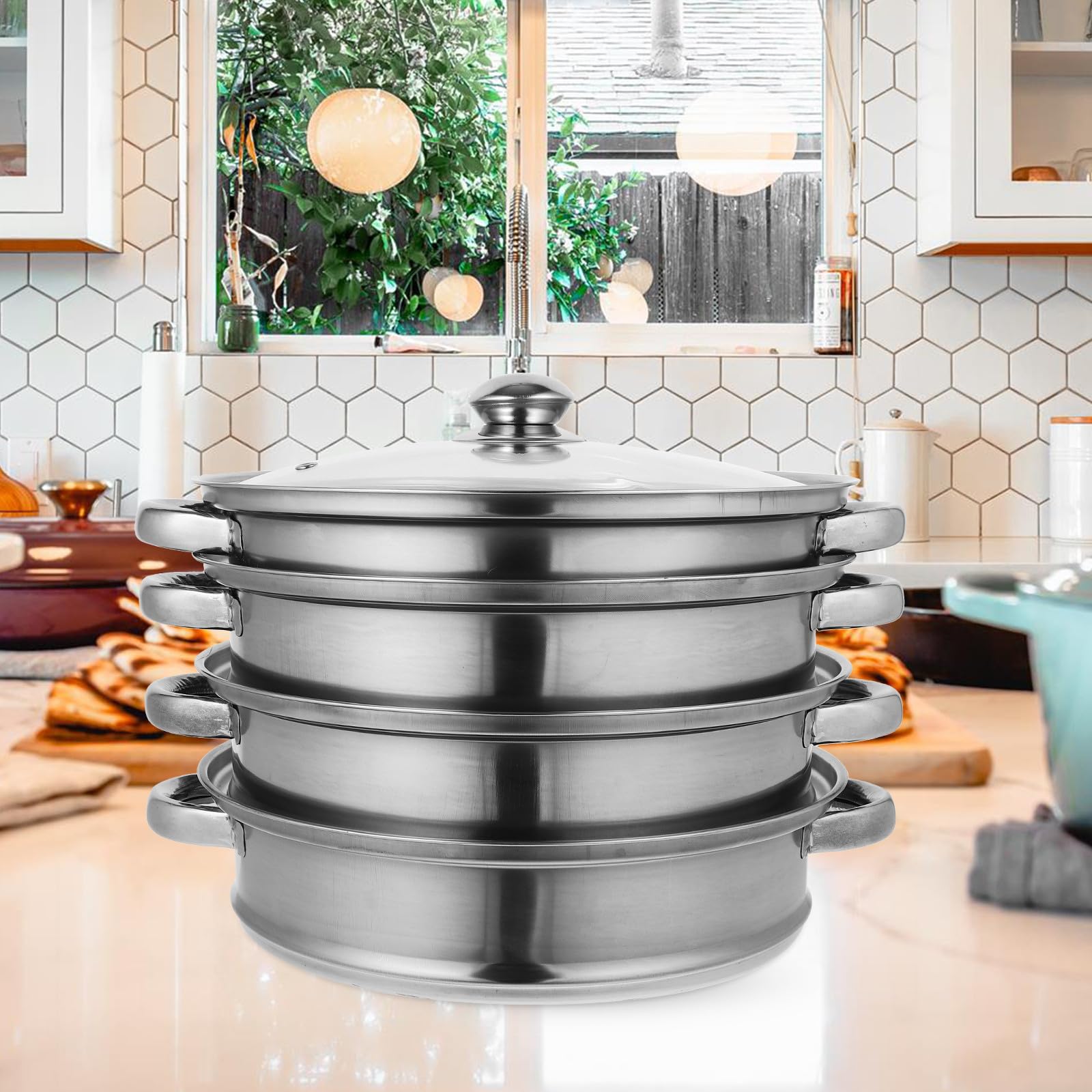 Vaporera para Cocción al Vapor Tapa Acero Inoxidable Super Gruesa de Cuatro Capas Cazuela para Guisar Vapor Multifuncional en Cocina