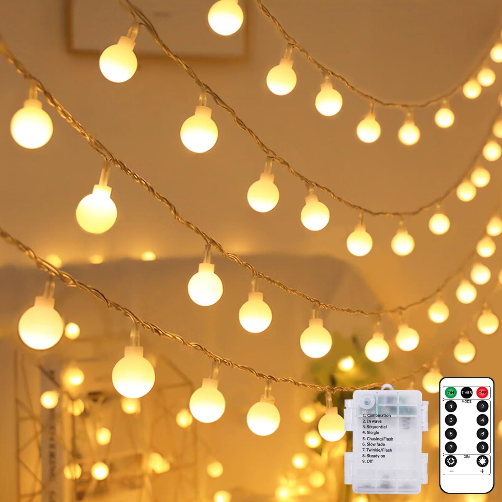 Kolpop Globe Fairy Lights Battery Operated with Remote, 100LED 8 Modes String Lights Waterproof, Warm White Dimmable Fairy Light for Indoor Outdoor Christmas Bedroom Garden