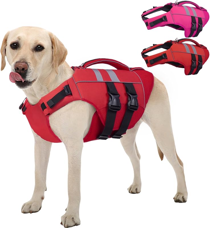 Kuoser Medium Dog Life Jacket, High Flotation Dog Life Vest for Swimming Boating, Reflective Dog Swimming Vest for Medium Dogs Pet Life Preserver with Rescue Handle, Red M