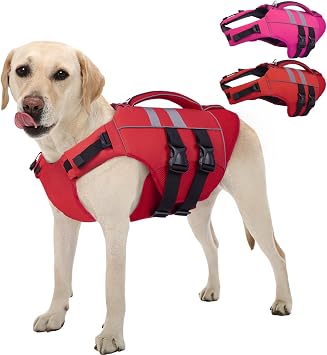 Kuoser Dog Life Jacket Large, High Flotation Dog Water Vest for Swimming Boating, Reflective Doggie Swimming Vest Pet Life Preserver with Rescue Handle, Red L