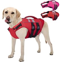 Kuoser Dog Life Jacket Large, High Flotation Dog Water Vest for Swimming Boating, Reflective Doggie Swimming Vest Pet Life Preserver with Rescue Handle, Red L