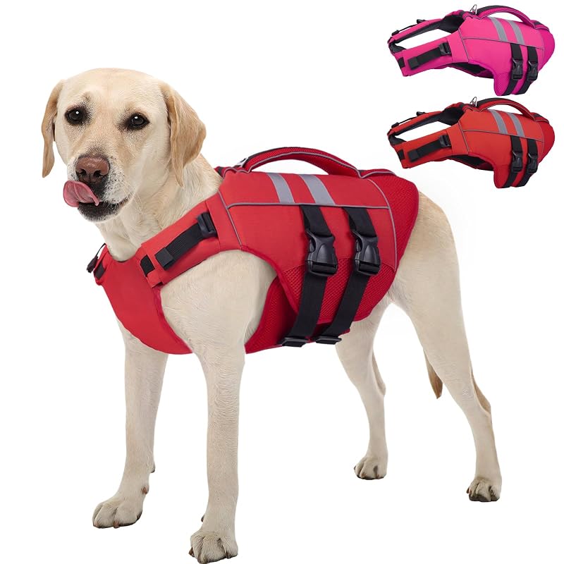 Colete salva-vidas para cães com flutuação em espuma e faixas refletivas Kuoser Vermelho tamanho L