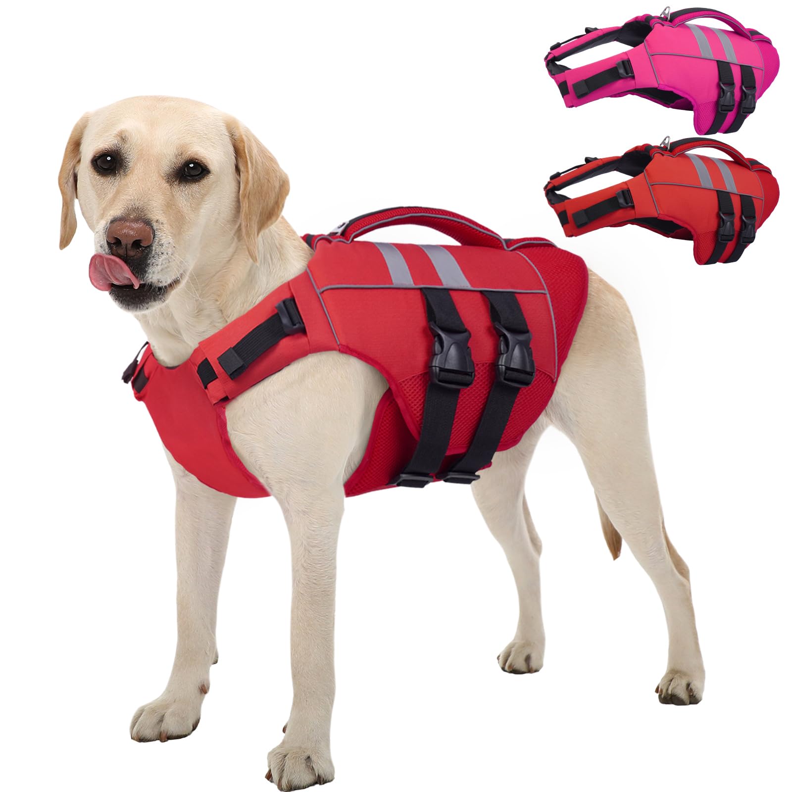 Photo 1 of Kuoser Medium Dog Life Jacket, High Flotation Dog Life Vest for Swimming Boating, Reflective Dog Swimming Vest for Medium Dogs Pet Life Preserver with Rescue Handle, Red M