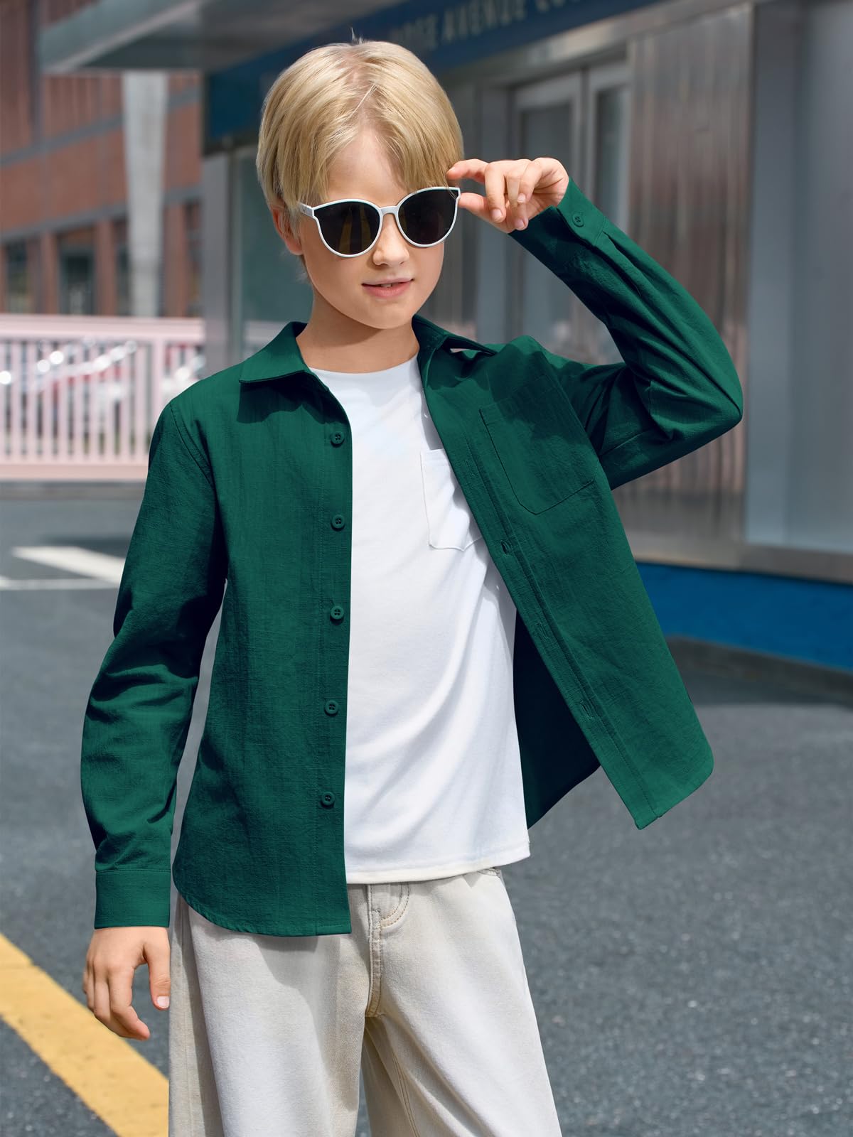 Haloumoning Camicia a maniche lunghe per bambini, in lino, con bottoni, per uniforme scolastica, 5-14 anni