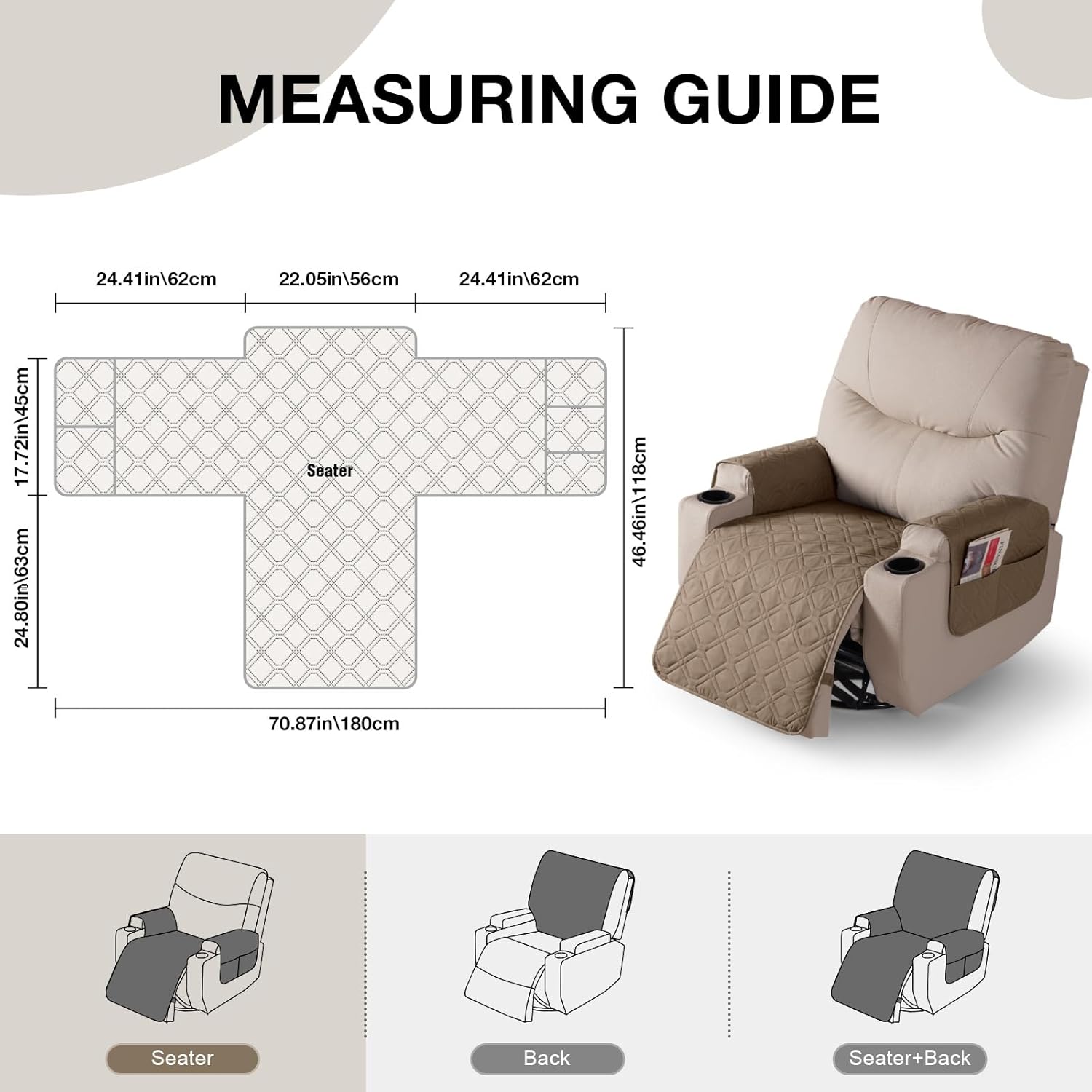 VANSOFY Recliner Chair Covers 100% Waterproof Seat Cover with Arm Reclining Cover Non-Slip Recliner Chair Covers Furniture Protector Washable Slipcover with Pocket for Pets, Dogs(Light Brown, 22")