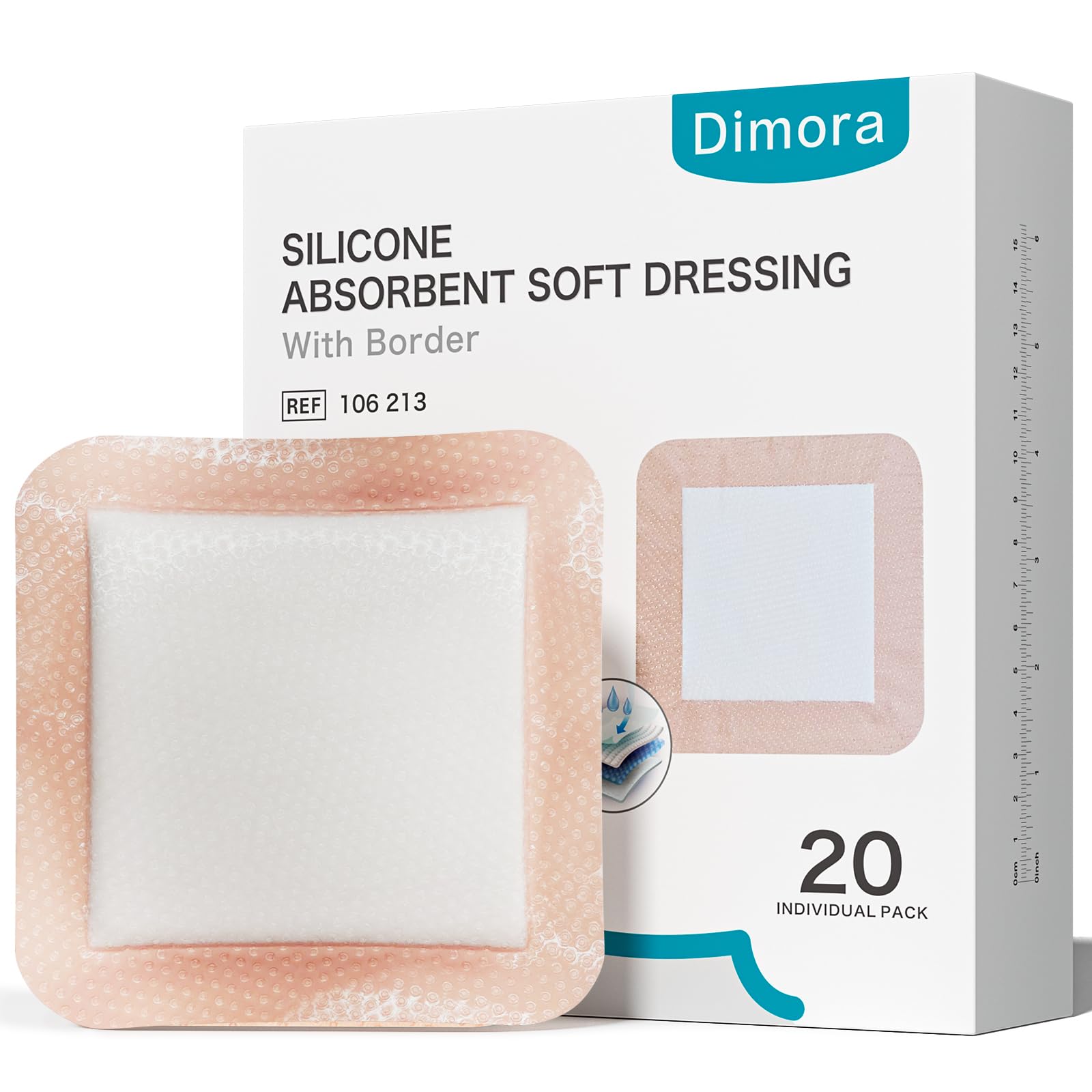 Dimora 20 Count Silicone Super Absorbent Wound Dressing 6" x 6" - Large Adhesive Bandage for Heavy Exudate, Border Wound Care Pads for Pressure Sore and Post-Surgical Incisions