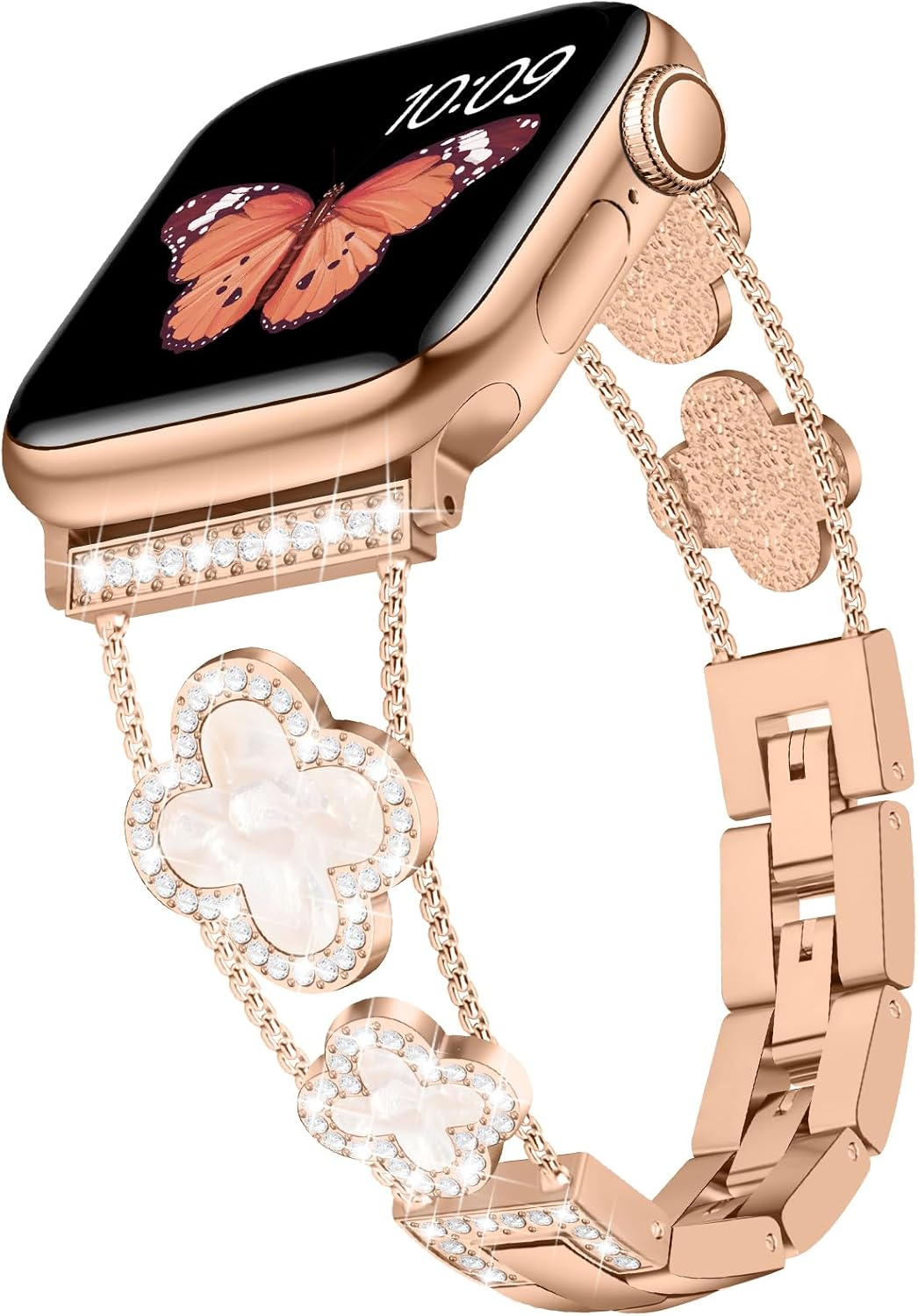 Tasikar Bling Diamond Women Band Compatible with Apple Watch Band 49mm 46mm 45mm 44mm 42mm 41mm 40mm 38mm Ultra SE Series 11 10 9 8 7 6 5 4 3 2 1 Lucky Clover Dressy Replacement Bracelet (Rose Gold)