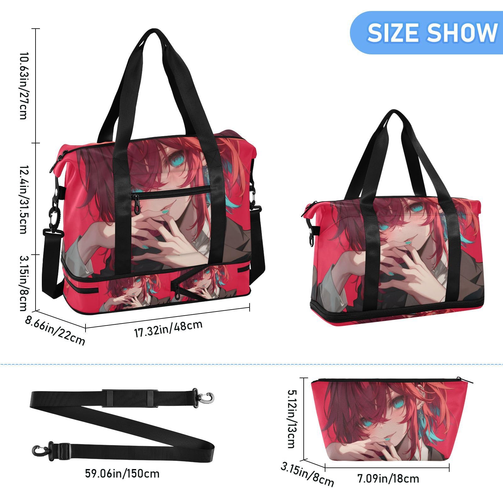 Anime Cool Red Bolsa de viaje con bolsillo húmedo, correa ajustable, bolsa de entrenamiento para viajes de negocios, multifuncional para hombres y mujeres