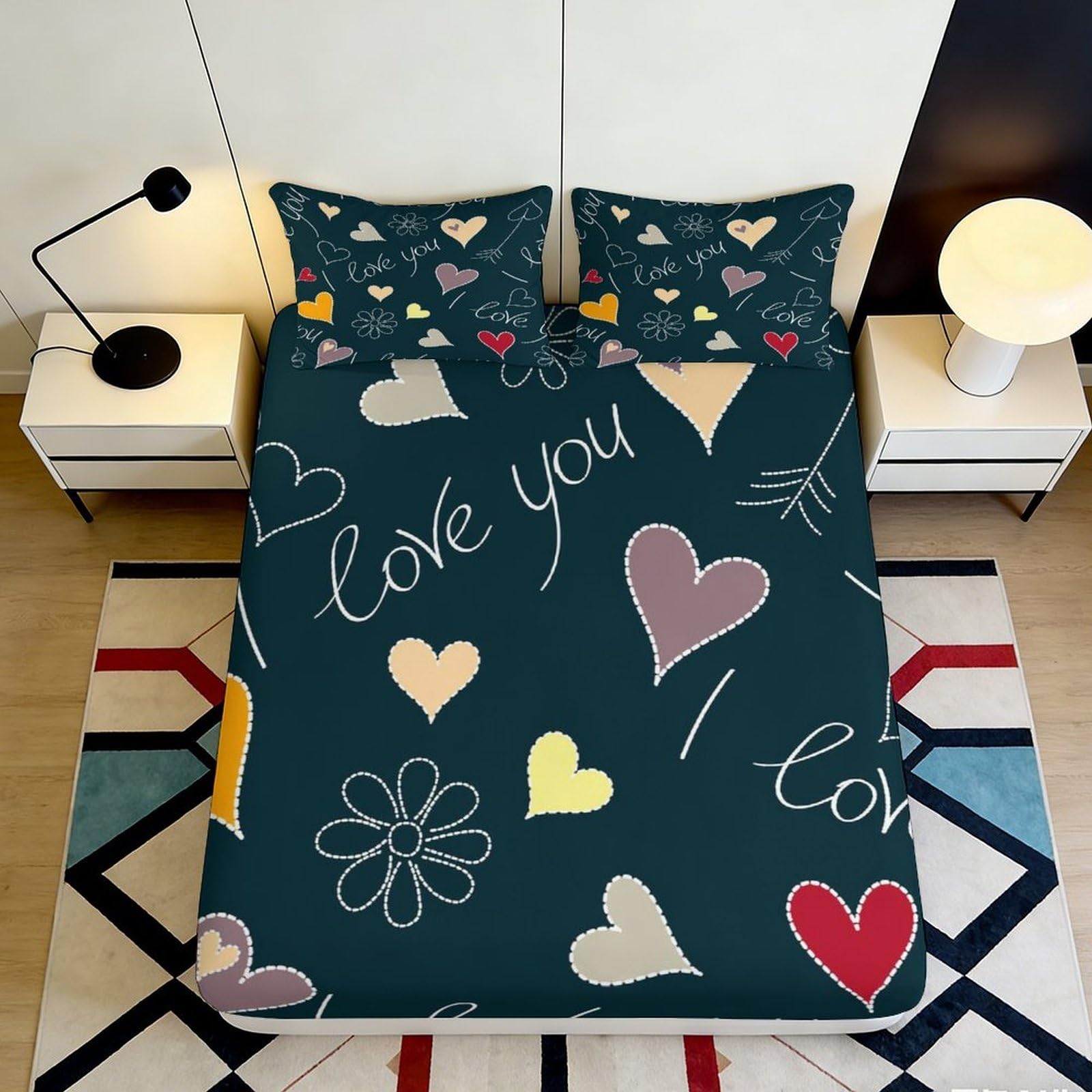 Pnayamiorkfel Style-2 3D Printed Love Heart Fitted Sheet Microfiber Bedroom Decor Flower Bed Cover For Home Guest Room Machine Washable 90X200x25cm