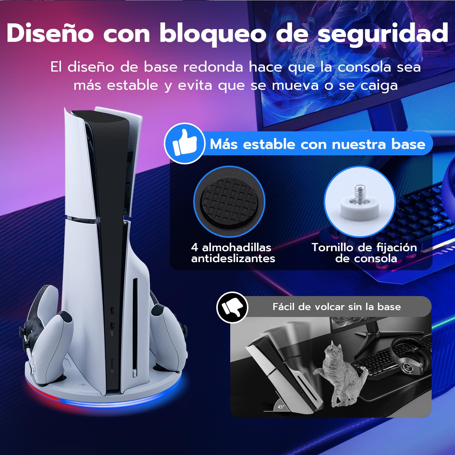 Soporte para PS5 Slim, Estación de Carga con LED para PS5 Slim Digital/Disc Edition, Base de Cargador para Controlador Dual PS5 con Soporte para Auriculares - Blanco - No para PS5/PS5 Pro