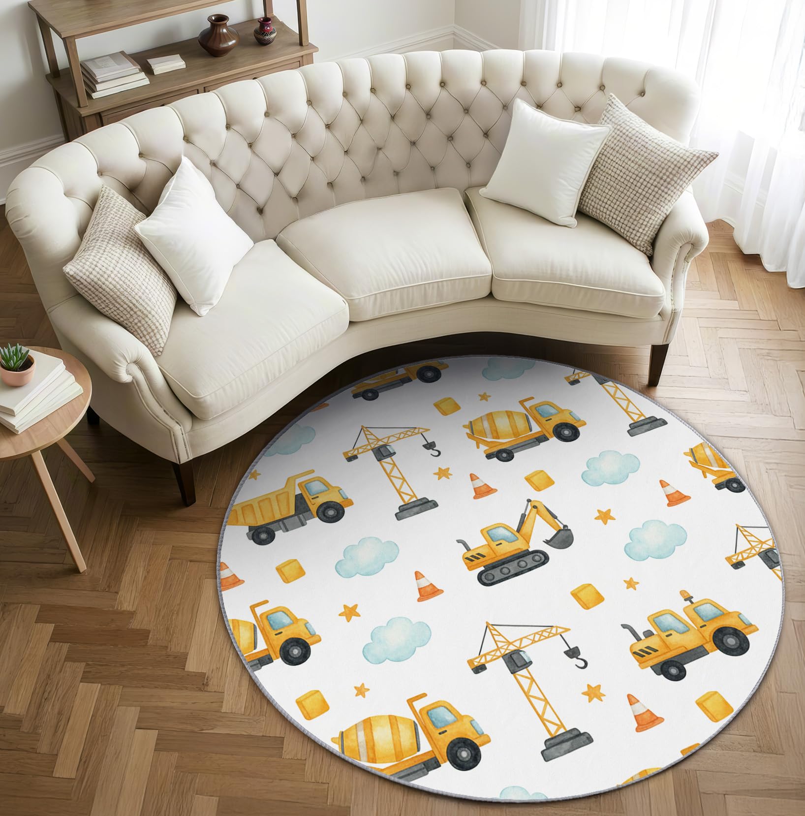 Baustelle Kinder Teppich Rund 120cm Kurzflor - Waschbare Teppiche Wohnzimmer Jungen Bagger LKW Fahrzeuge - Runder Teppich 120 Durchmesser Kinderzimmer - Bettvorleger Schlafzimmer rutschfest