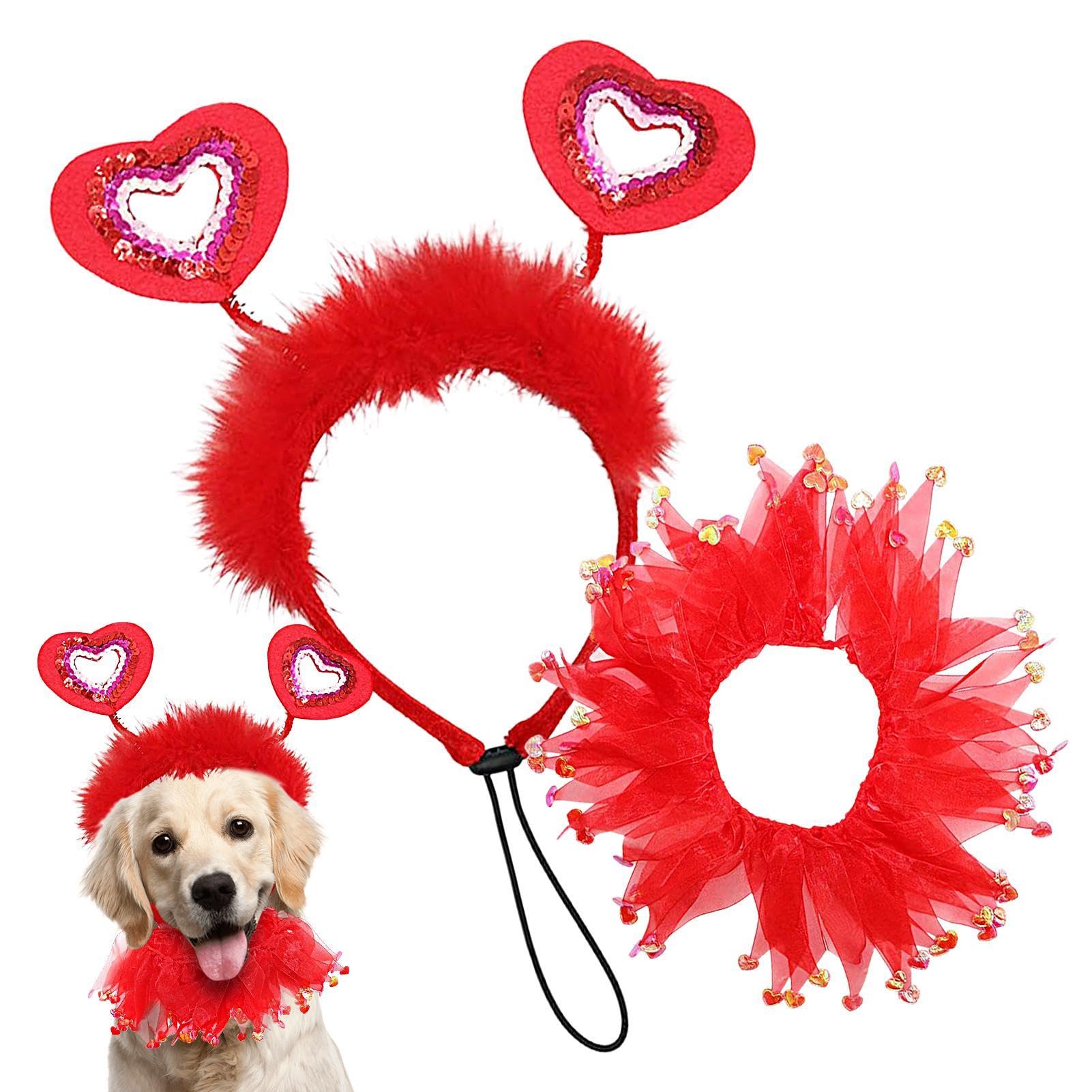 Valentine's Day Dog Clothes, Ribbons Dog Collar Heart Headband Costume Set, Adorable Dog Apparel Outfits Holiday Costumes for Medium, Big Dog Breeds