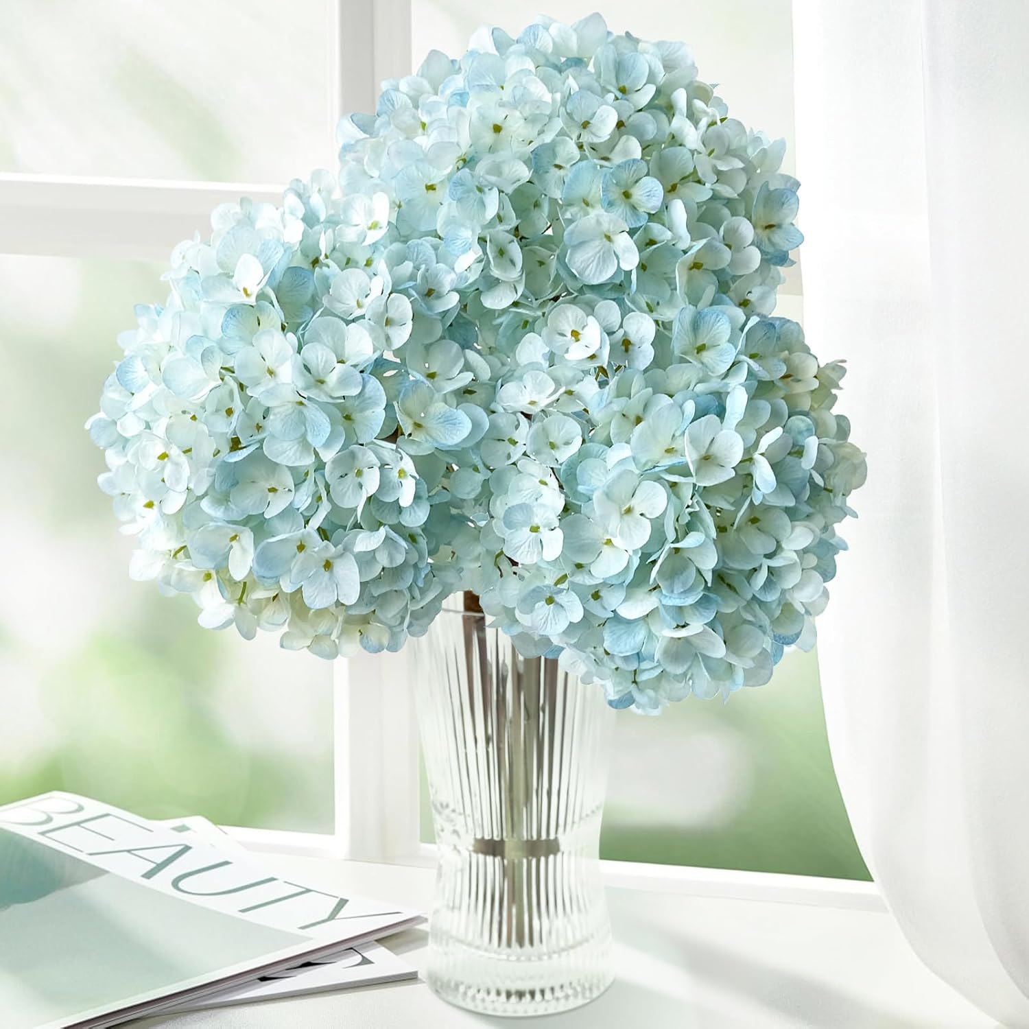 ZYTUYO 3PCS Blue Hydrangea Artificial Flowers 25.6" Large Fake Hydrangeas Flowers with Stems Faux Silk Bouquet for Indoor Home Decor Table Wedding Party Floral Outdoor Centerpieces