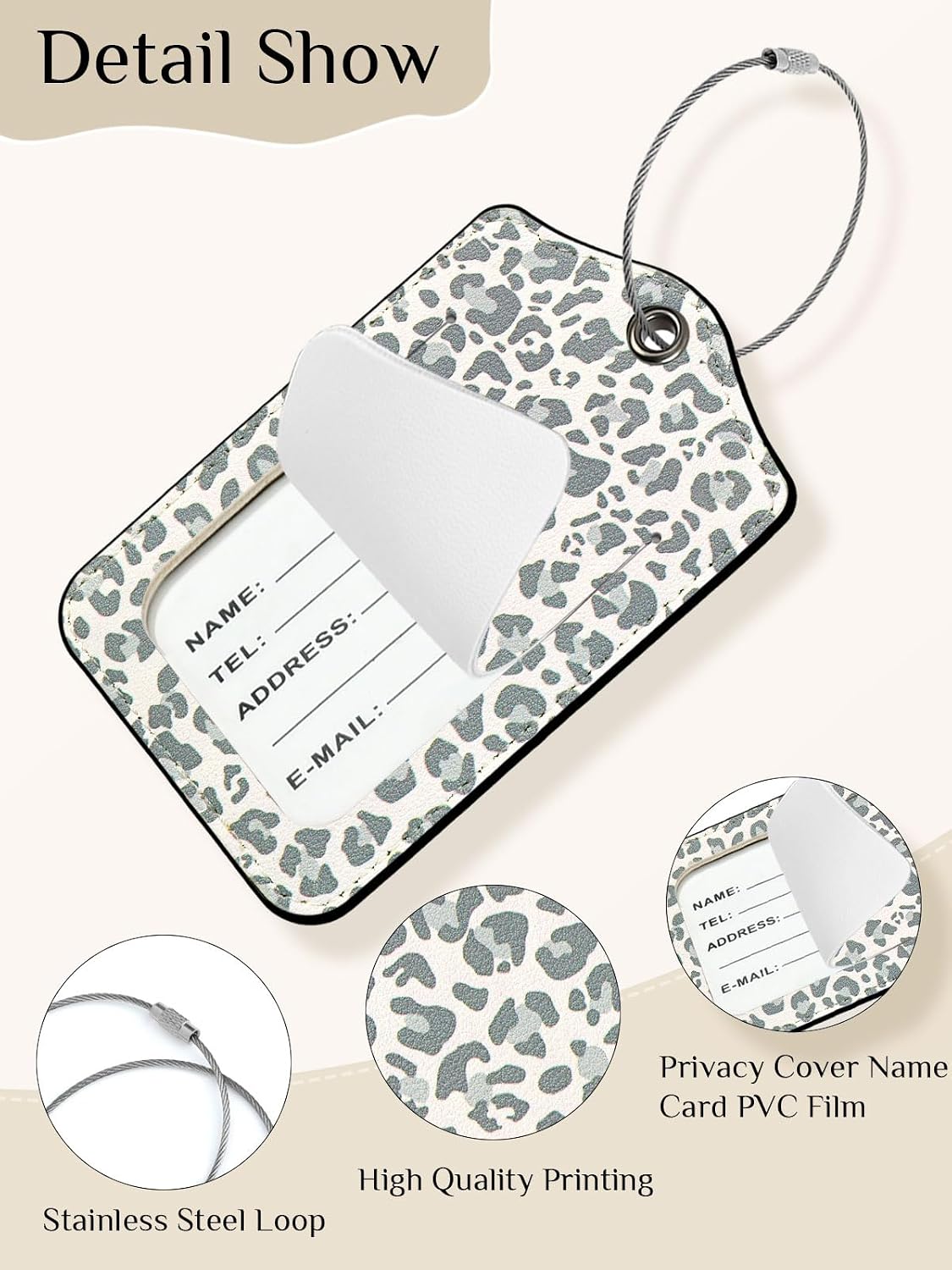 Seorsok 2 PCS Luggage Travel Tags for Suitcases,Cute White Leopard PU Leather Name Tag with Privacy Cover&ID Label Address Card and Durable Metal Ring Suitable for Men Women Handbags Backpack image 3