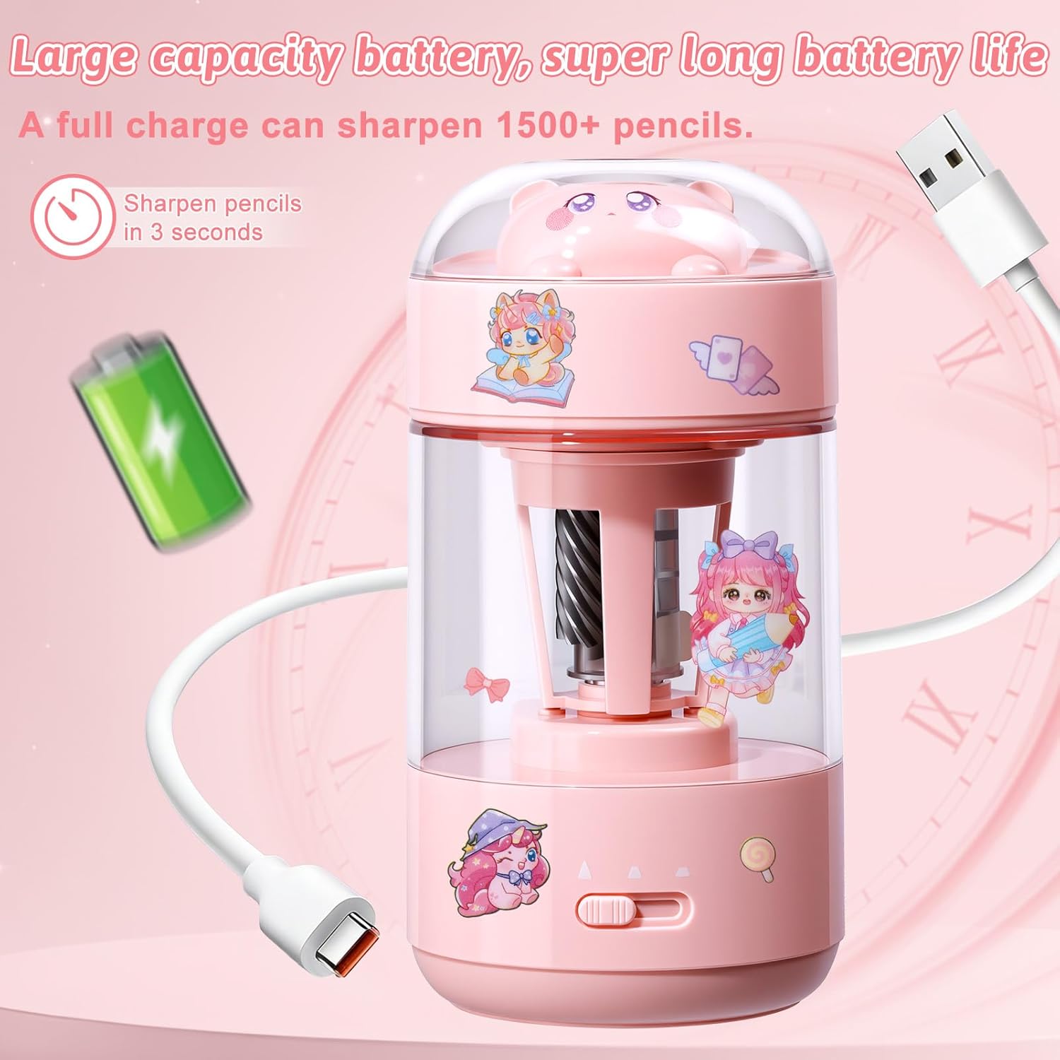 Rechargeable Automatic Electric Pencil Sharpener, Auto in & Out 3 Adjustable Thickness, Type-C Charging, Cute DIY Stickers, for 6-8mm Pencils, 3s Fast Sharpening, Ideal for School & Home (Pink)