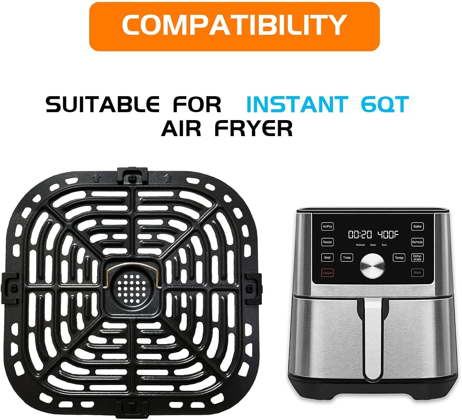Air Fryer Grill Plate for Instants Plus 6QT Air Fryers, Stainless Steel Upgraded Square Grill Pan Tray with Rubber Feet Non Stick, Dishwasher Air Fryer Replacement Part
