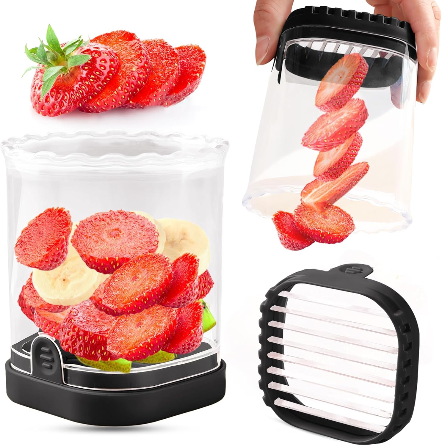 COKSDUPID Fruit Slicer Cup | Strawberry Slicer | Banana Slicer | Grape Cutter | Egg Slicers | Detachable Fruit Cutter Slicer with Push Plate | Creative Strawberry Slicer Kitchen Gadget (Black)