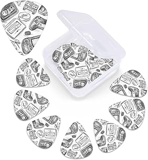 Monochrome Sketch Style Gaming Print Guitar Picks 12 Pack Guitar Plectrums with Storage Box Bass Picks For Acoustic Guitar Bass Electric Ukulele Includes 0.46mm, 0.71mm, 0.96mm