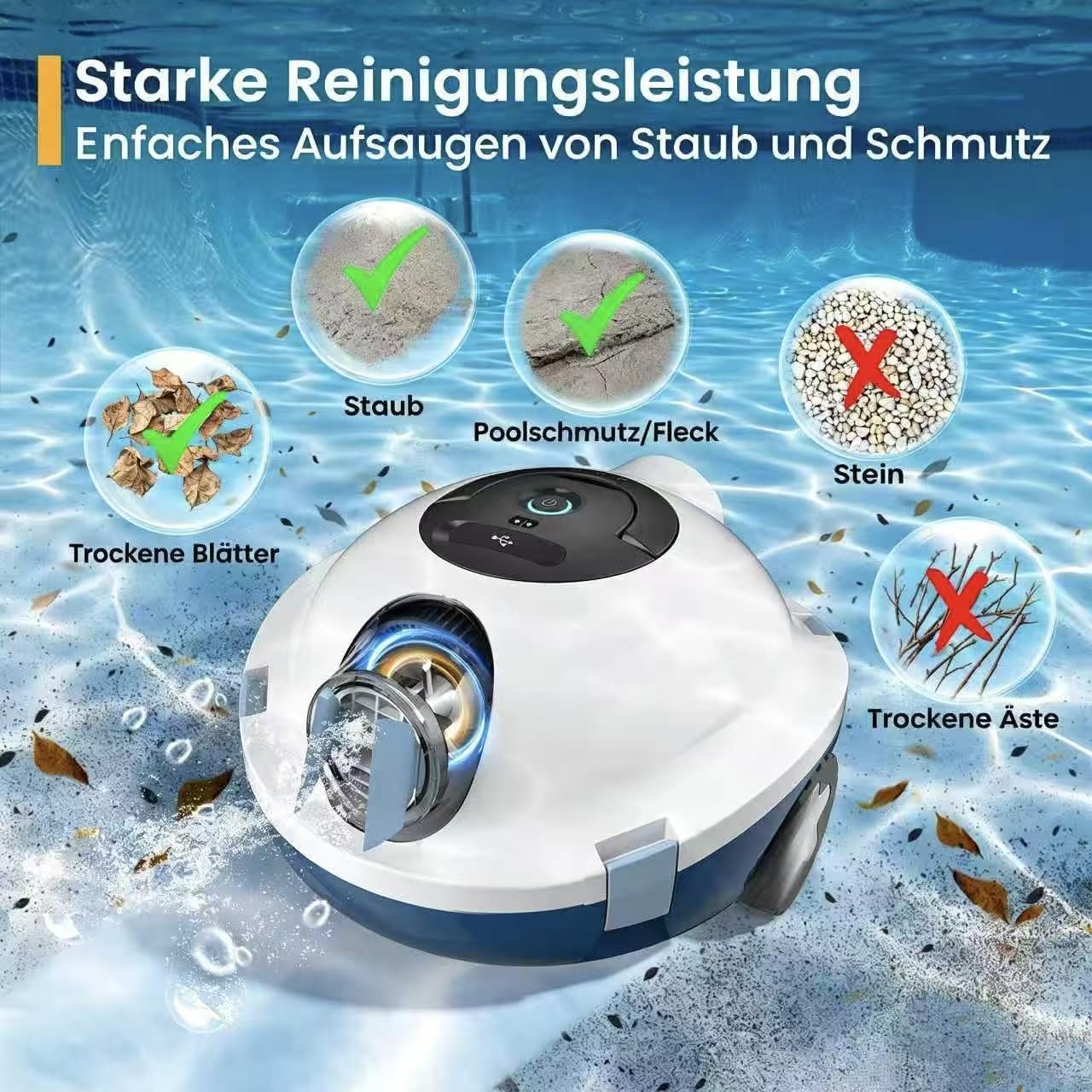 Poolroboter, kabelloser Poolsauger, Schnurloser Roboter-Poolreiniger, automatischer, leistungsstarker Poolsauger, 120 Minuten Laufzeit, selbstparkend, ideal für Flache Böden bis 100 m²(Weiß)