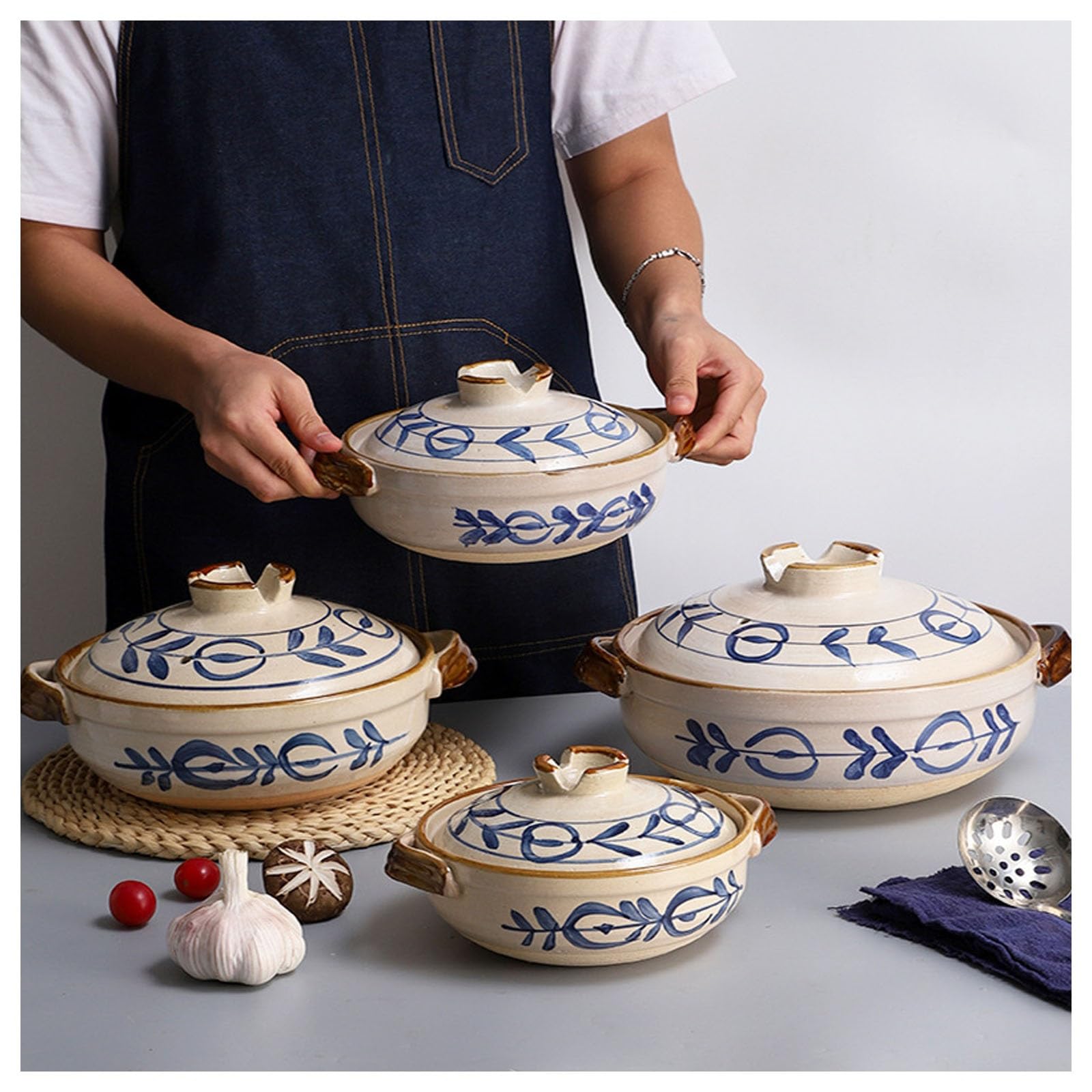 Japoński ceramiczny garnek do duszenia Donabe, gliniany, odporny na ciepło, rodzinny, do gotowania na gorąco, zapiekanka z pokrywką, wolnowar do gotowania ryżu(2.2L)