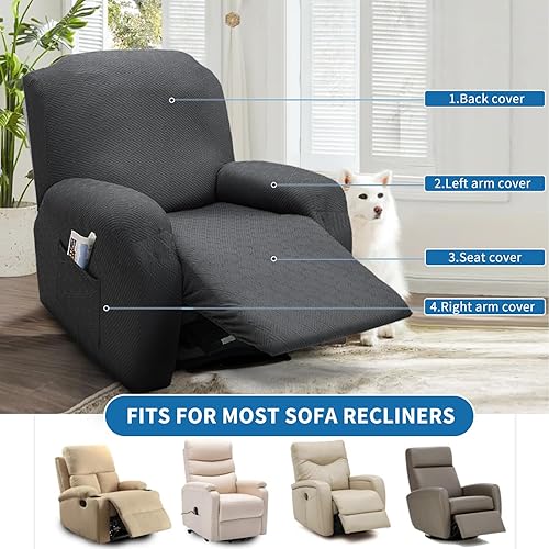 Vista 150 de XINEAGE Funda reclinable de 4 piezas de jacquard elástica con bolsillo, protector de silla reclinable lavable para niños, mascotas, perros y gatos