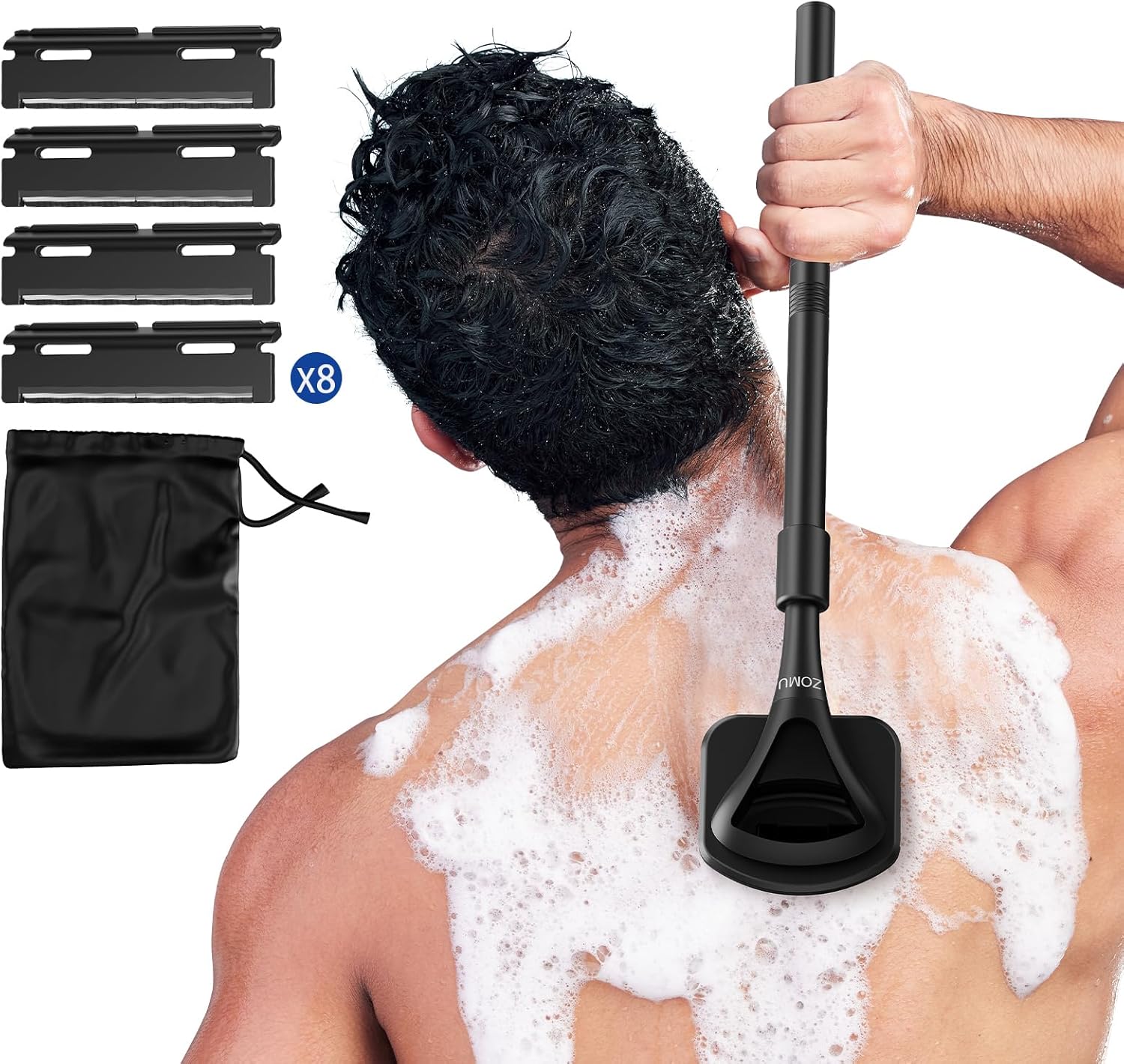 ZOMU Back Shavers for Men: The DIY Long Handle Back Hair Shaver and Body Shavers for Men with Safety Blade Technology & Ergonomic Handle, Wet or Dry Shaving,Black(Replaceable 8PCS Blades Included)