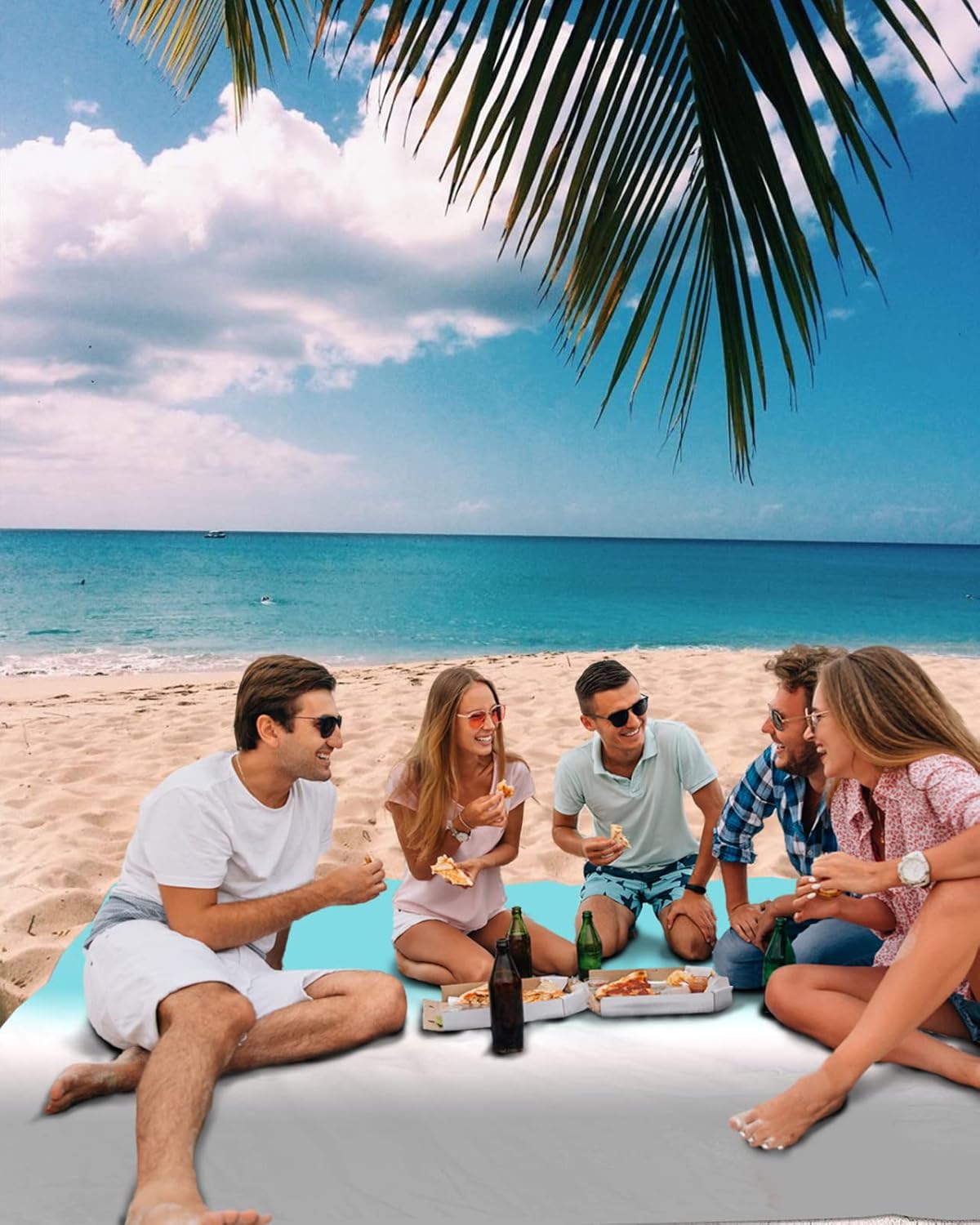 Teal White Gray Ombre Color Beach Blanket Waterproof Sandproof Outdoor Picnic Mat 118"x108" Modern Gradient Art Lightweight Large Beaach Blankets with 4 Stake & 4 Corner Pockets