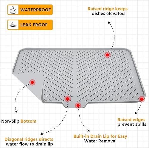 Vista 4 de Luxet Alfombrilla de silicona para secar platos con borde de drenaje integrado, almohadilla de secado higiénica, bandeja resistente compacta y fácil