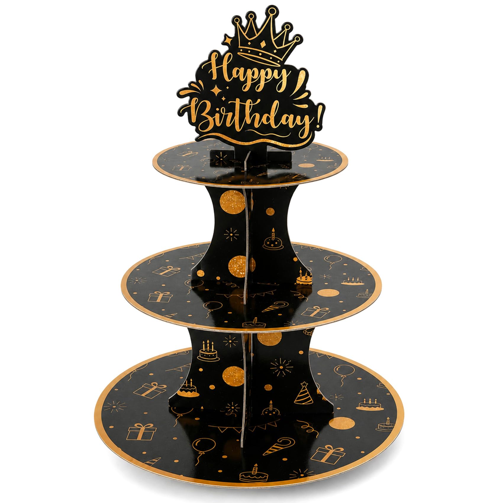Xioabre Black Gold Birthday Cake Stand, 3 Tier Cupcake Stand with Crown Topper, Cardboard Cake Stands for Birthday Party, Table Decoration, Cupcake Holder, Dessert Display Tower, Reusable