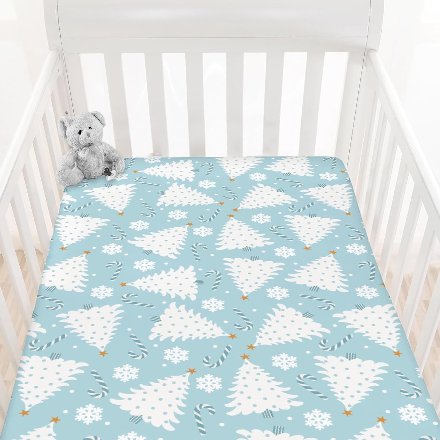 Blue Christmas Trees Candy Cane Snowflake Baby Crib Sheets Cute Pine Trees Sweets Soft Breathable Baby Sheets Festive Winter Holiday Fitted Crib Mattress Cover for Standard Mattress 28x52in