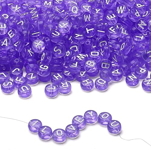 1500 cuentas acrílicas de letras del alfabeto, letras blancas, moradas, transparentes, redondas, 0.276 x 0.157 in, para joyería, pulseras, collares,