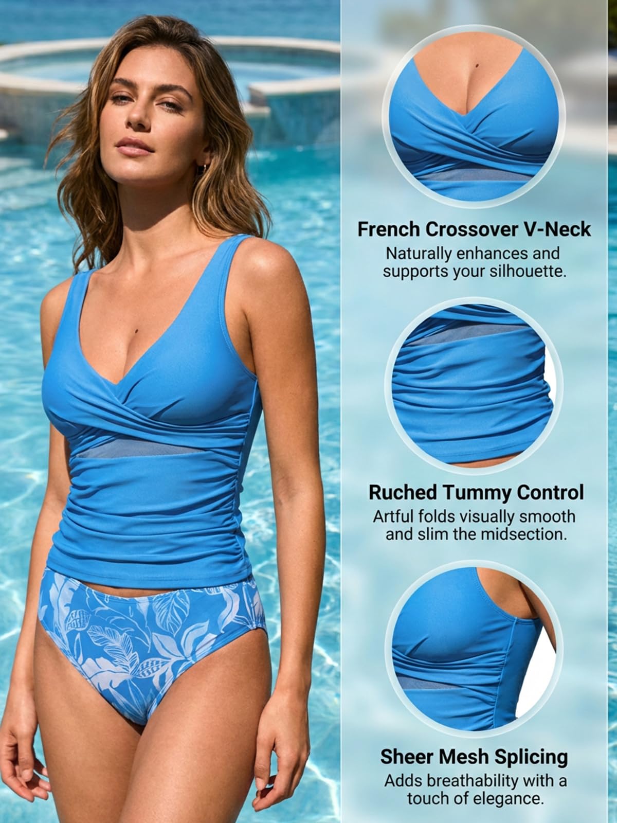 CUPSHE Costume da bagno tankini da donna con scollo a V e spalline regolabili in rete con ritaglio sul retro da annodare, costumi da bagno increspati