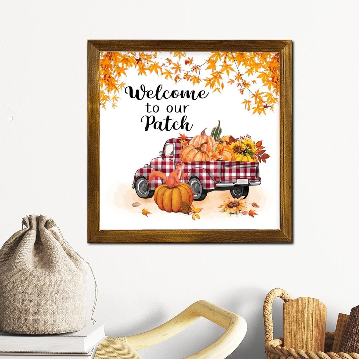 Welcome to Our Patch Plaid Truck Framed Wooden Sign Gnome Pumpkin Sunflower Maple Leaves Hanging Sign Vintage Farm Harvest Home Wall Hanging Sign Decorative for Living Room Wall Home 12x12 inch