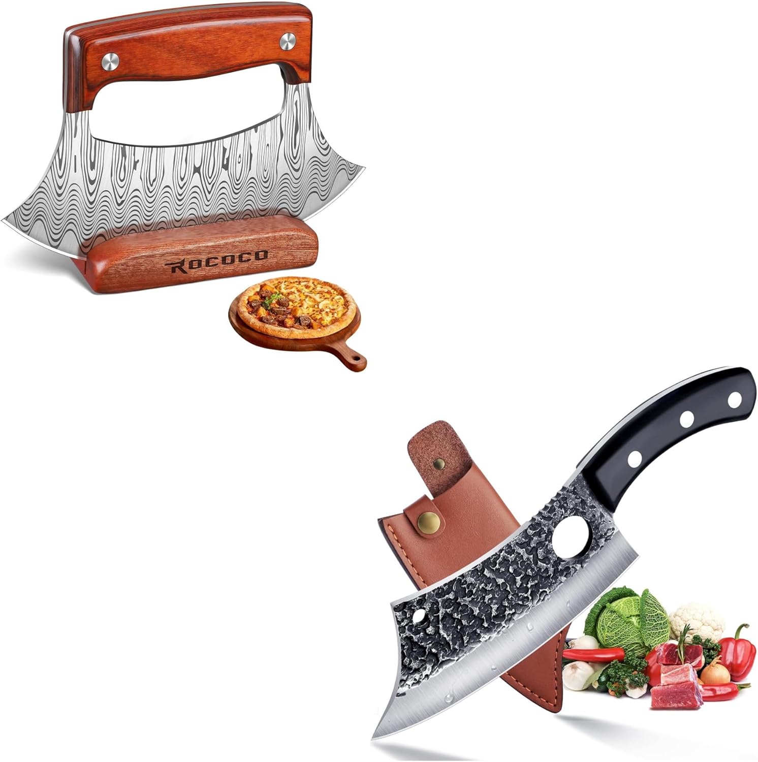 ROCOCO Pizza Cutter Ulu Knife with Cleaver Butcher Knife for Cutting Ribs Roasts Fruits Veggies Multipurpose Kitchen Knives for BBQ Birthday Thanksgiving Christmas Gift Ideal Men