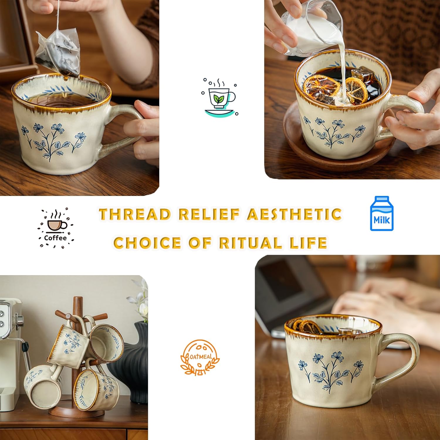 Ceramic Mugs for Men & Women, Unique Microwave & Dishwasher Safe Tea/Coffee Rustic Stoneware Cups for Office & Home (Wind sensitive grass) - Image 3