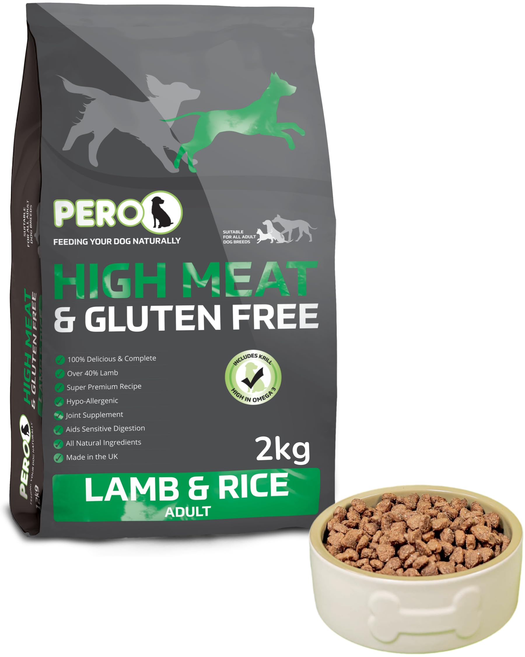 Pero High Meat & Gluten Free Dog Food – Lamb & Rice – 36% Lamb, Single Protein, Poultry & Fish Free, Gentle Digestion, Joint Care (2kg)