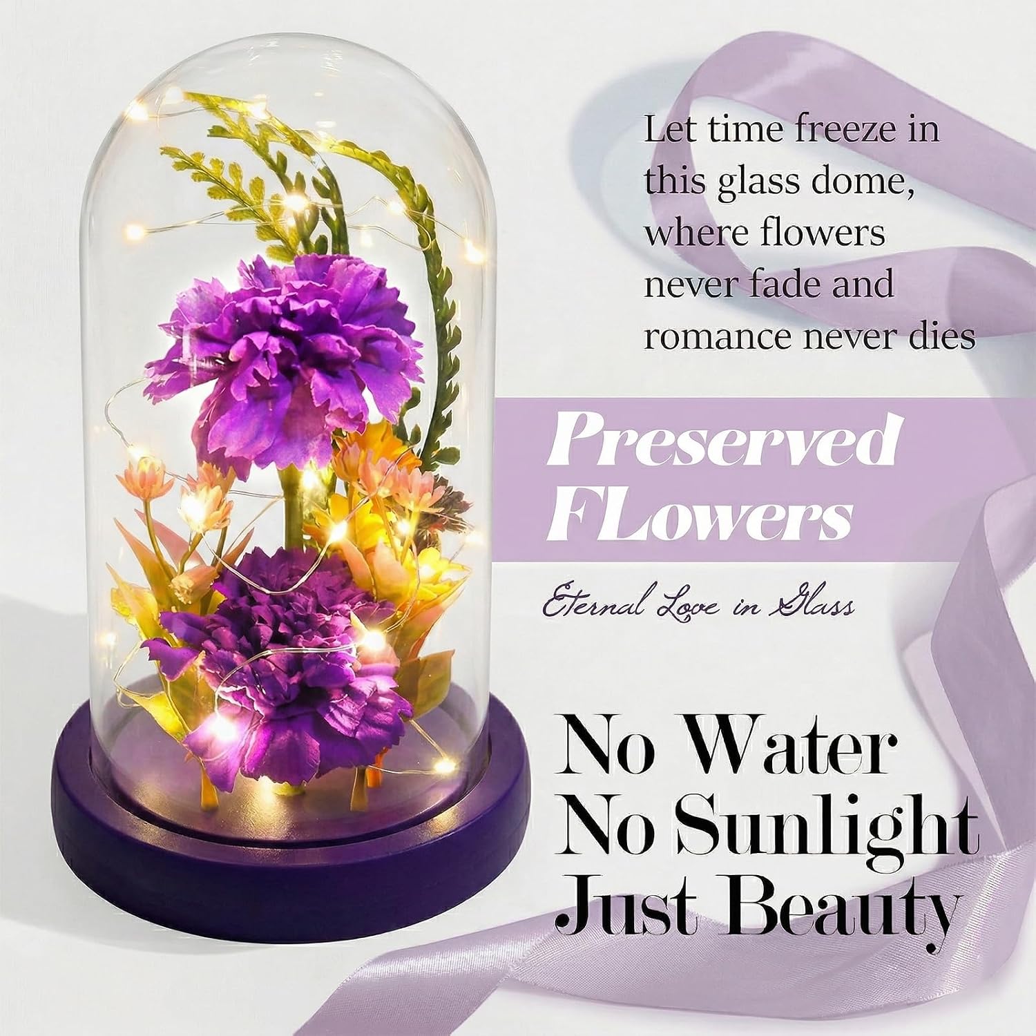 Galaxy Glass Carnation Forever Preserved Flower with Light, Valentines Day Birthday Gift for Women, Mom, Wife, Girlfriend, Light Up Carnation in Glass Dome for Mothers Day