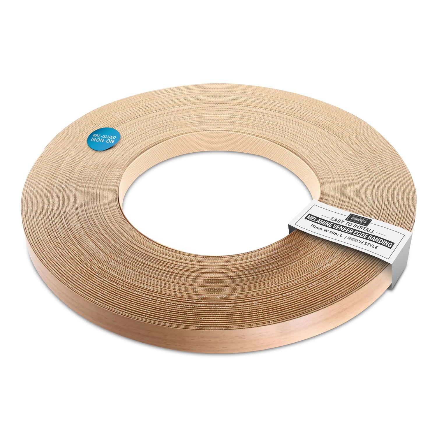 WoodPress® 15mm Beech Wood Style Laminate Melamine Pre-Glued Veneer Edging Tape – 50m Trade Roll – Iron-On Wood Application