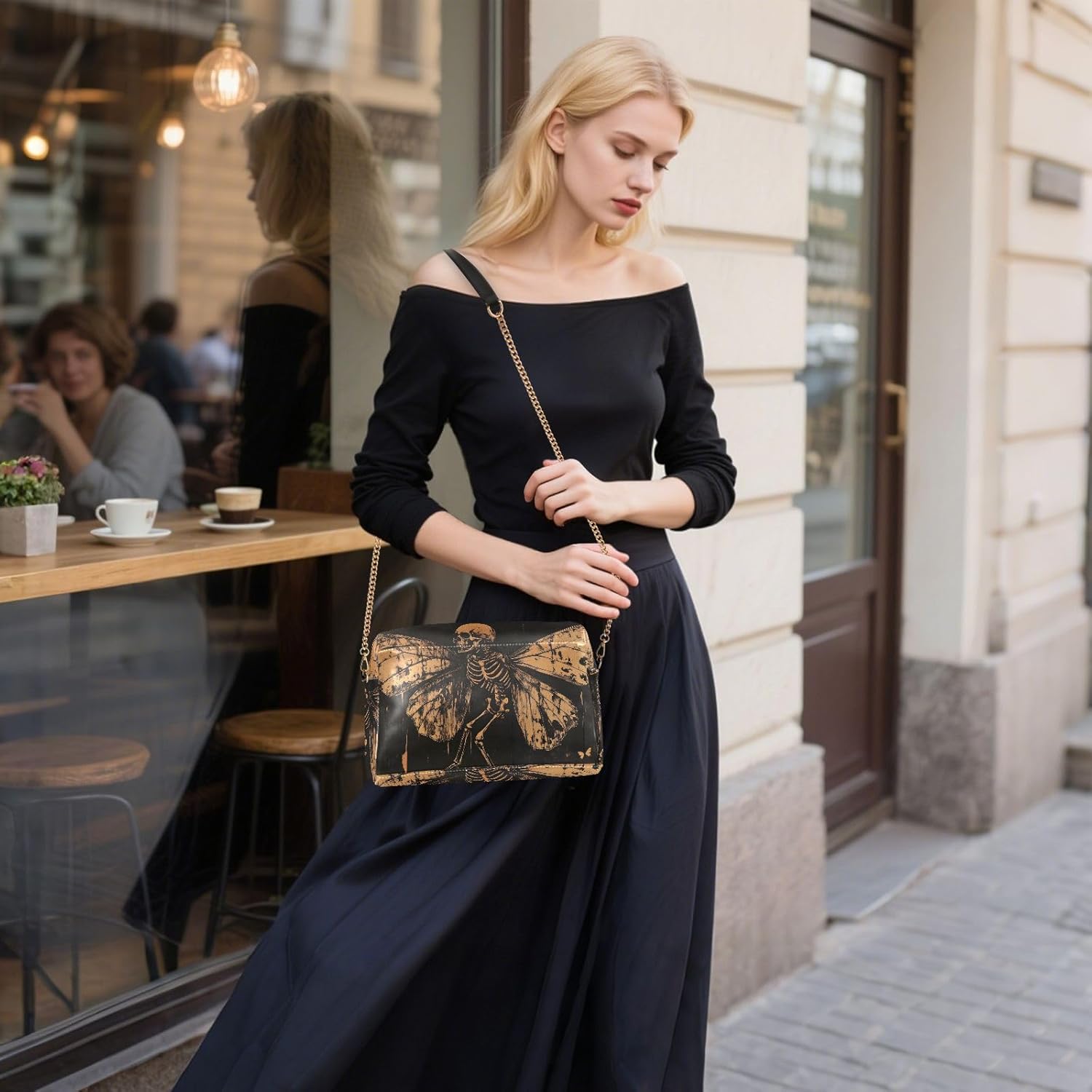 Women Crossbody Bag Shoulder Handbag Cellphone Purse Skull with Wings Print, PU Leather Metal Chain Strap Water Resistant Zipper Closure