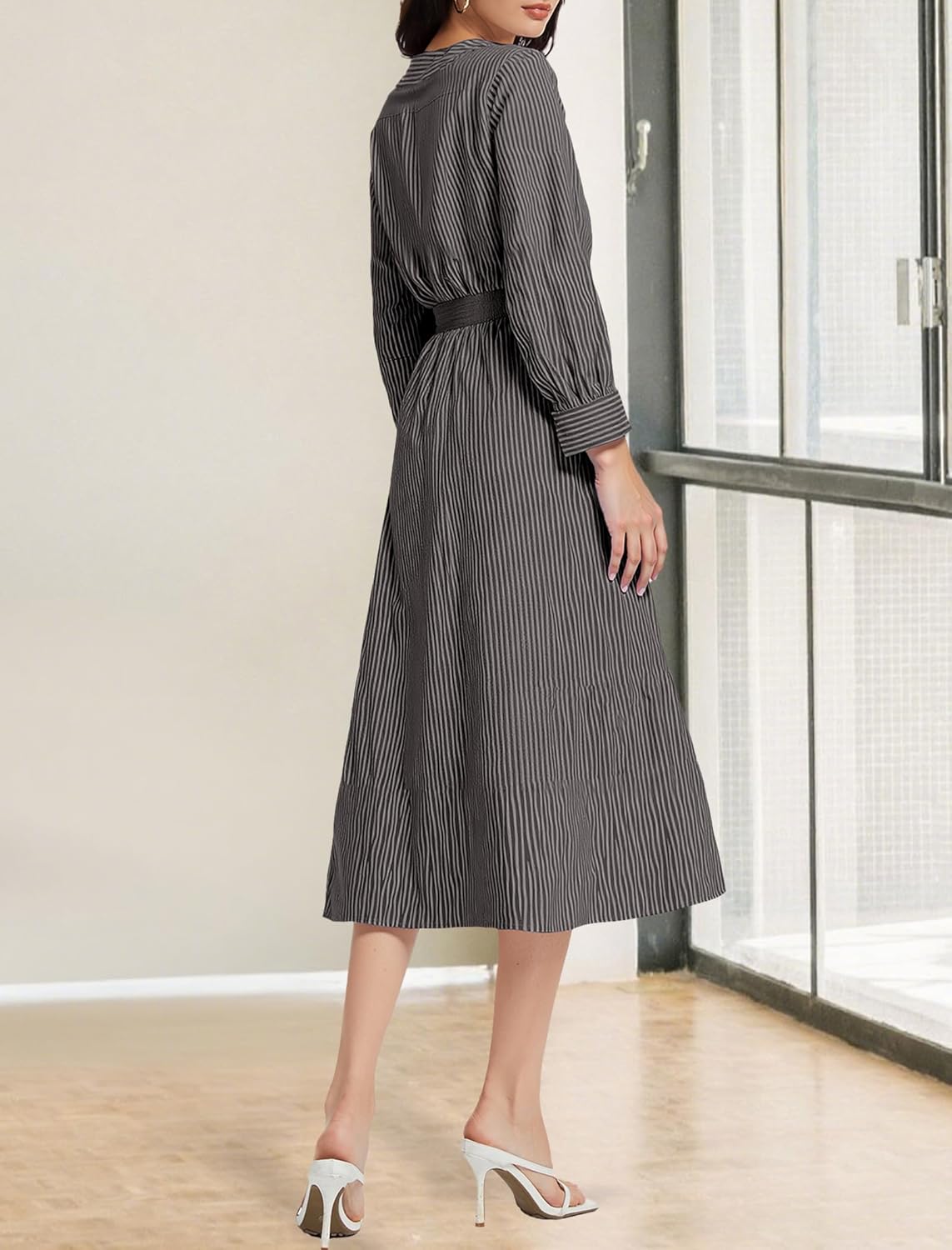 Women's Long Sleeve V Neck Maxi Dress Striped Casual Flowy A-line Mid Dress Elastic Waist Long Dresses with Pockets - Image 3