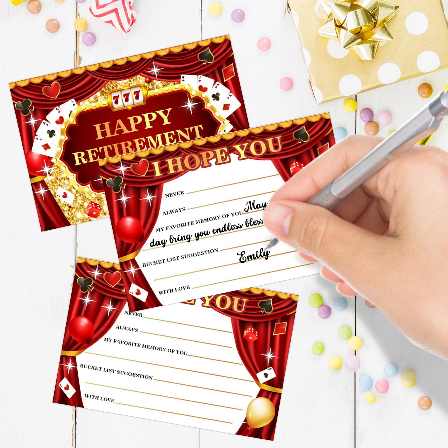 Casino Retirement Card, Happy Wishes Card Box, Happy Retirement Party Wishes Cards & Boxes, 50 Double Sided Wish Cards, 1 Wooden Memory Box and Table Sign, Las Vegas Decor Gift for Retiring Women Men image 5