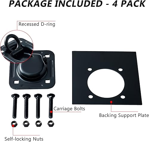 Miniatura 2 de Lonffery Paquete de 4 anclajes de amarre de anillo en D empotrados (capacidad de 6,000 libras), kit resistente para remolque o entregas, color negro