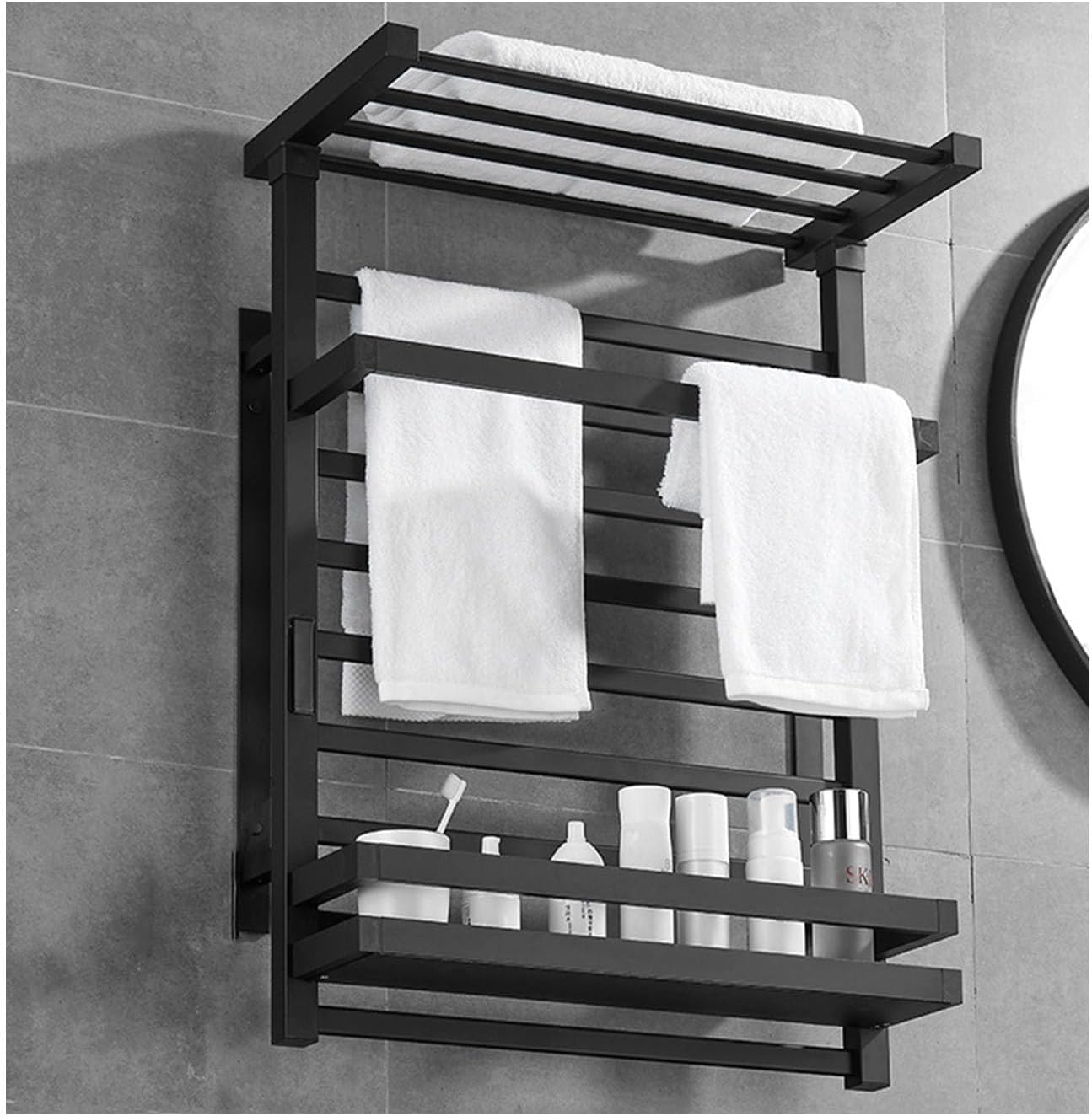 Towel Warmer White,Left Line,Towel Rack Wall Mounted with Touch Screen,Bathroom Accessories Heated with Timer, with Top Shelf-White-Right(Black,Right line)