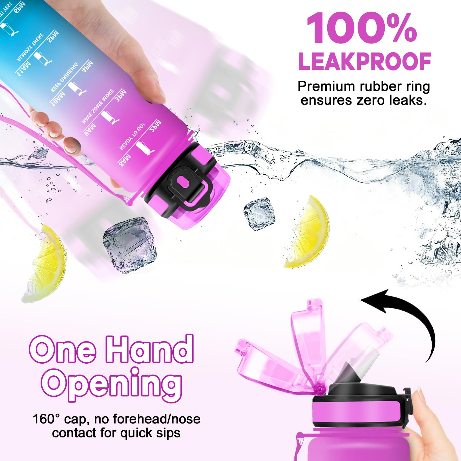 Wasserflasche Sport 1L, Motivierende Trinkflasche mit Zeitmarkierung, mit Strohhalm, Auslaufsicher, Kohlensäure Geeignet, für Camping, Gym - 5