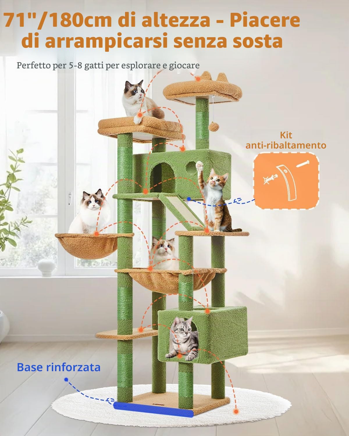 Taoqimiao Tiragraffi per Gatti, 180cm Stabile Tiragraffi per Gatti Adulti xxl con 2 Grotte,1 Amaca, 1 Cestini, 8 Pali Graffiatoi, 2 piattaforme, Materiale di Flanella Morbida, Verde MSC026L