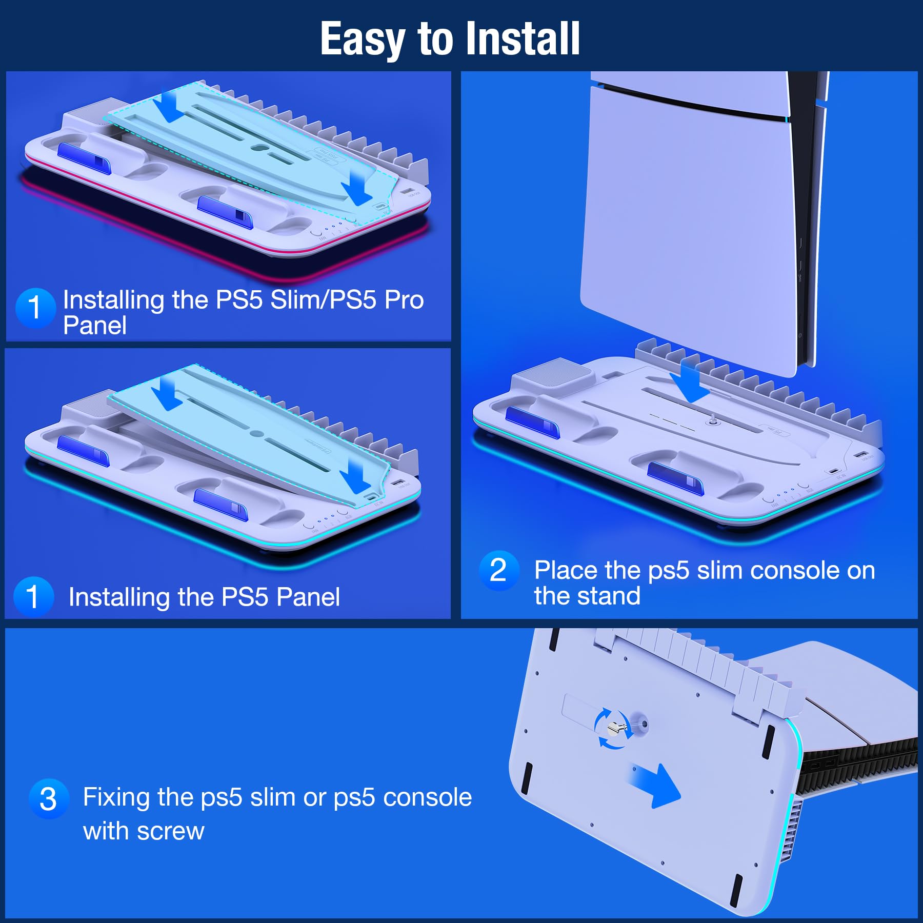Supporto PS5, sottile supporto PS5 con stazione di raffreddamento e stazione di ricarica per console PS5 Slim Disc/Digital, accessori PS5, ventola di raffreddamento, LED RGB, supporto per cuffie, slot