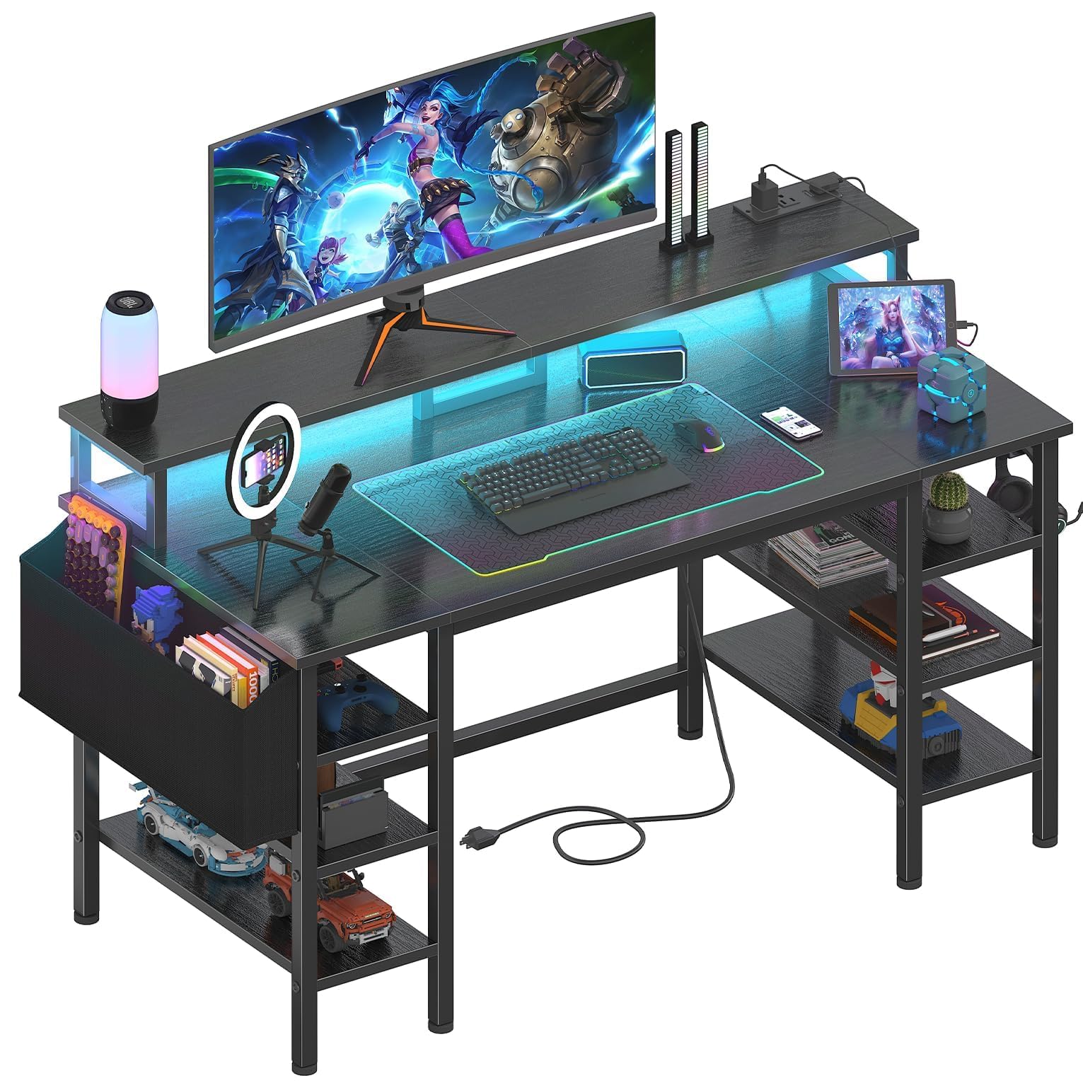 Lufeiya Gaming Desk with LED Lights and Storage Shelves, 47 inch Computer Desk with Power Outlets, Home Office Desk with Monitor Stand, Writing Table