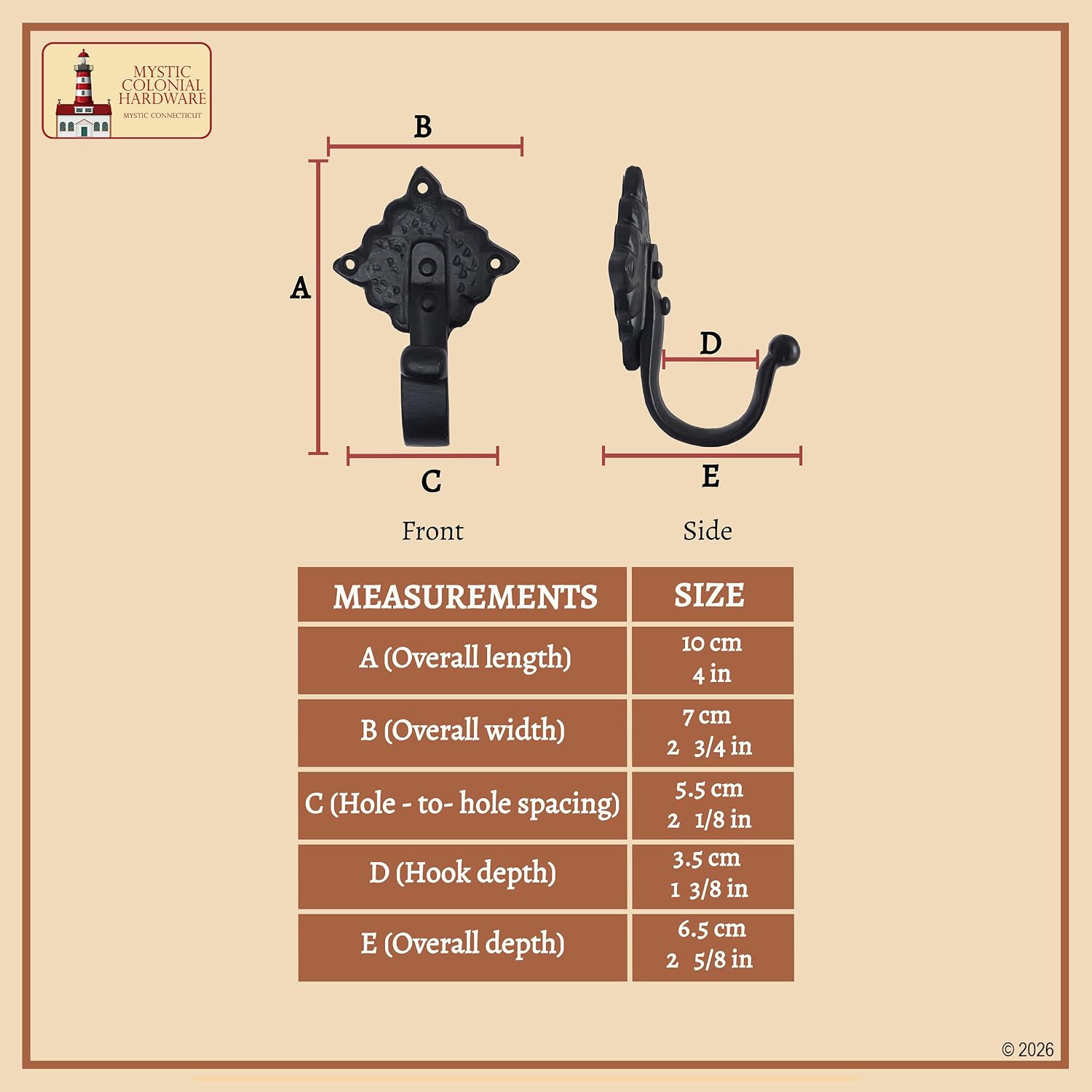 Mystic Colonial Rustic Cast Iron Wall Hooks Heavy Duty Vintage Utility Hooks for Hanging Coats, Towels, Bags, Robes, Hats & More Decorative Wall Mount Hooks, Pack of 10